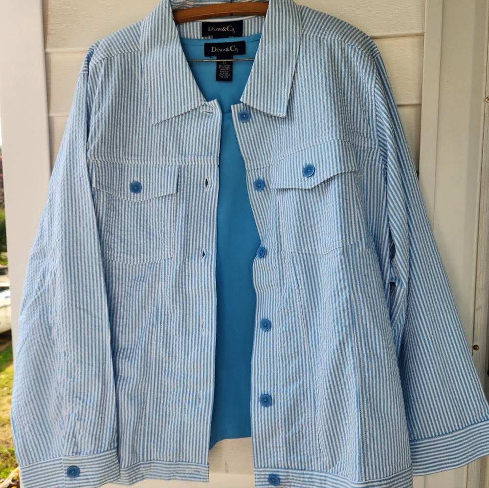 Denim & Co. Blue Outfit. Seersucker  Jacket, Matching Top And Pants. New. Size2X - Picture 7 of 11